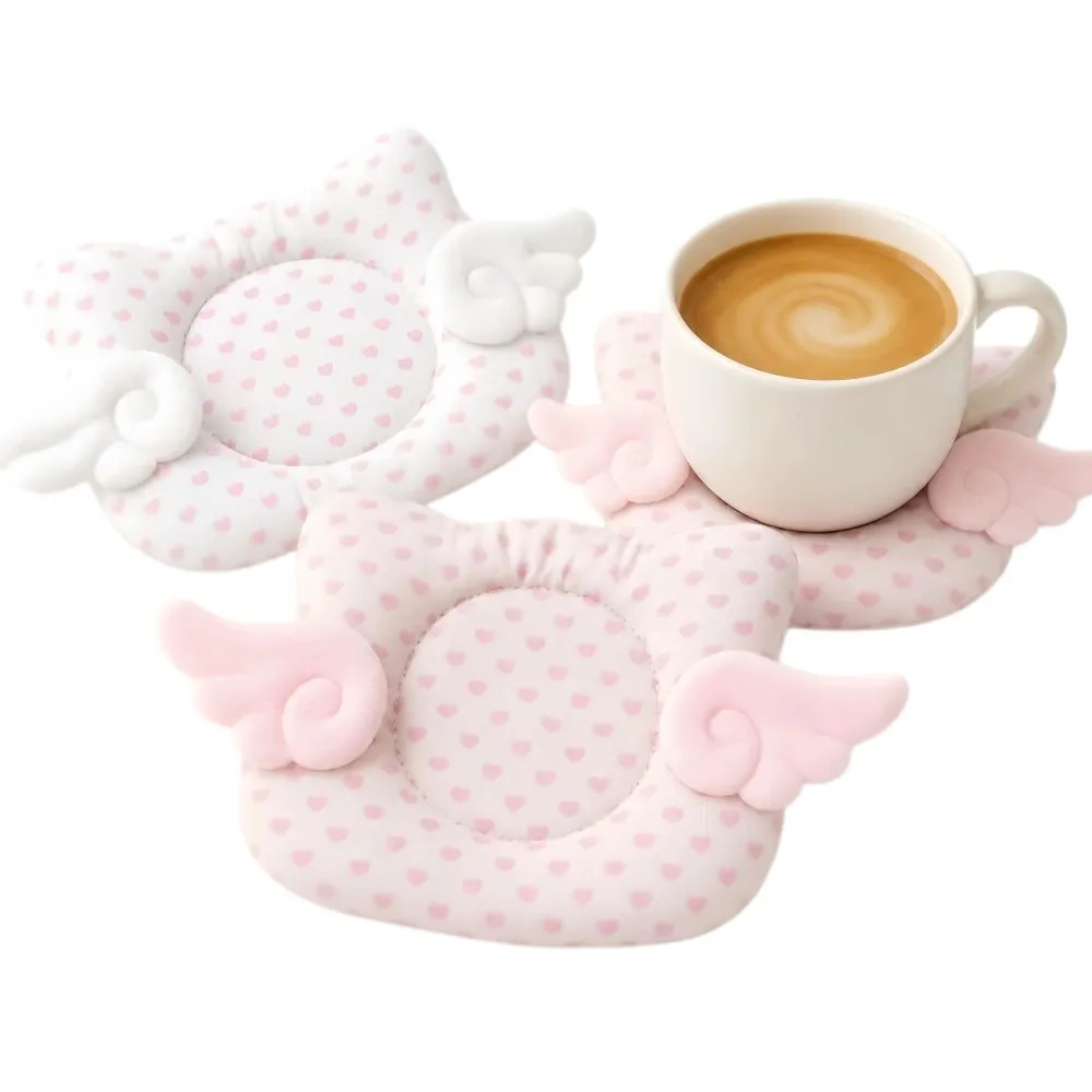 Heart Print Cute Cartoon Cat Coasters Angel Wings Decoration Thicken Cup Mat Cotton Portable Insulated Coaster Home Decoration