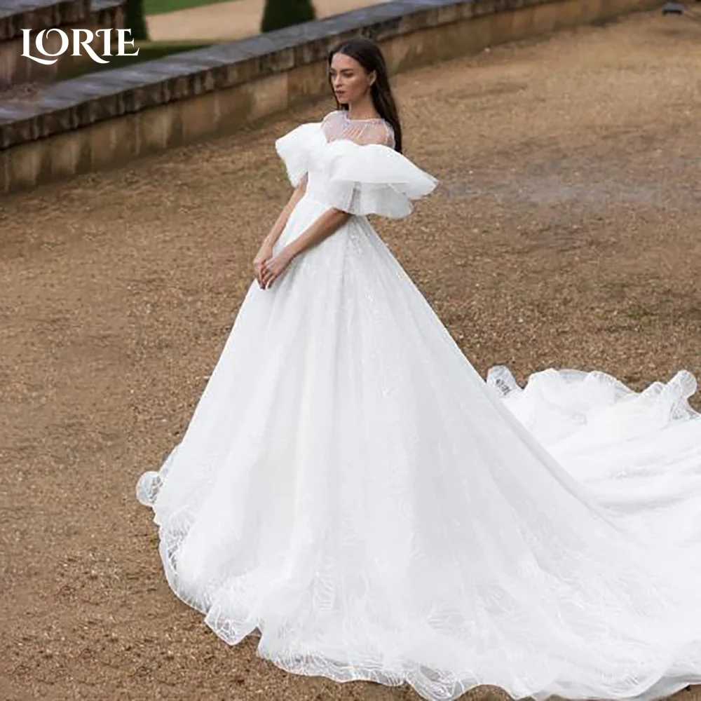 

LORIE Flared Sleeve A-Line Wedding Dress V Neck Slit Shiny Satin Bridal Gown Customized Backless Bride DressSaudi Dress Dubai