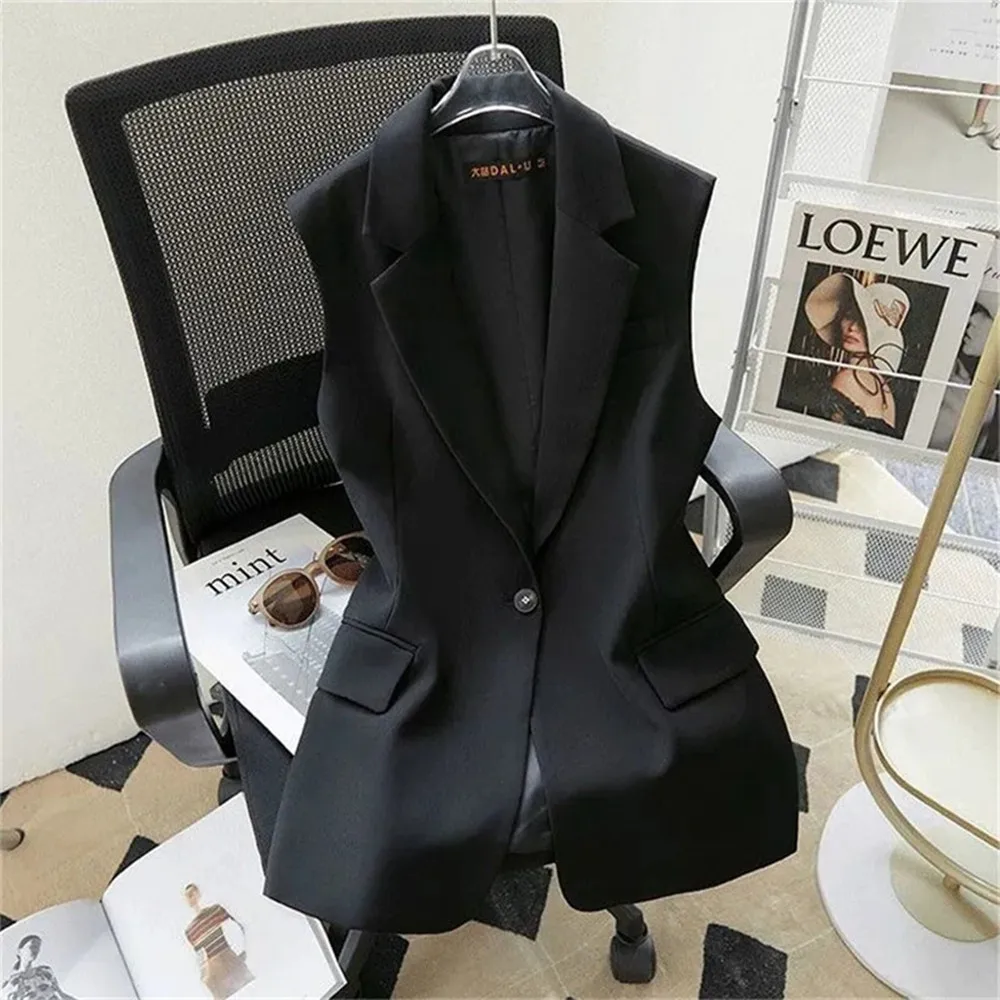 Korean Vest 2024 NEW Spring Summer Women\'s Blazer Korean Slim Sleeveless Jacket Fashion Wild Lined Coat Single Buckle Suit Vest