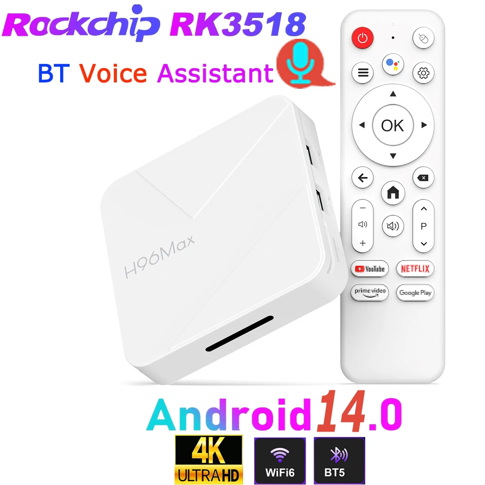 

Смарт ТВ-приставка H96 Max на Android 14.0 с RK3518, поддержкой 4K видео, Wi-Fi 6, Bluetooth 5.4, 100M LAN, голосовым помощником и пультом ДУ для игр и медиа