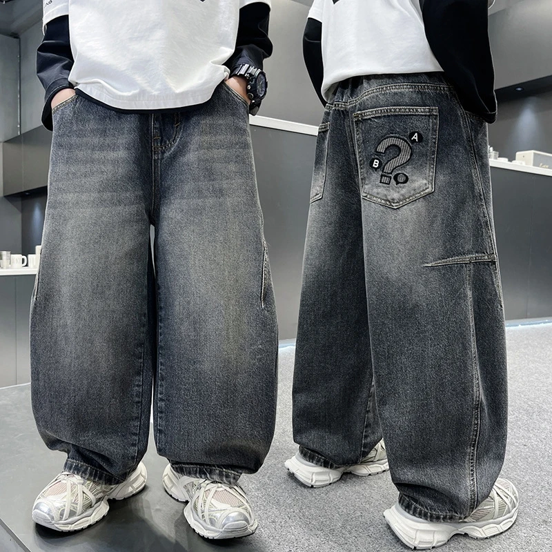 

Модные джинсы с надписью для мальчиков-подростков, весенне-осенние новые детские широкие джинсовые брюки для детей, свободные брюки для детей 4-14 лет