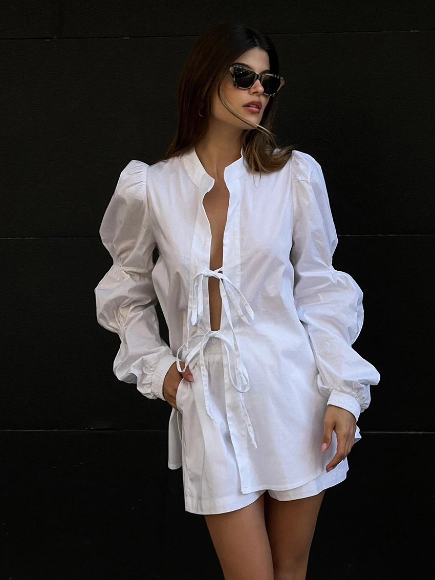 

Marthaqiqi Cotton Fashion Ladies Nightgown Suit Long Sleeve Nightwear Lace Up Pajama Sexy O-Neck Nightie Shorts Women Pijama Set