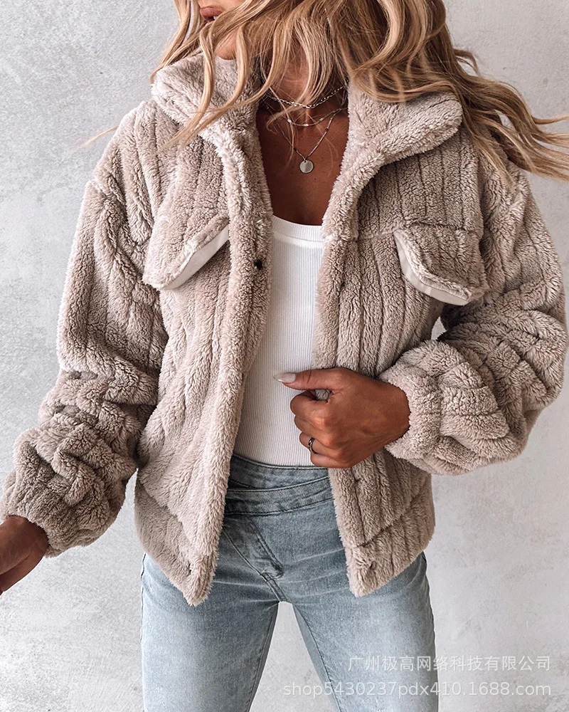 Women\'s Outerwear Solid Color Fake Pocket Long Sleeved Lapel Fashionable Plush Thick Coat 2023 New