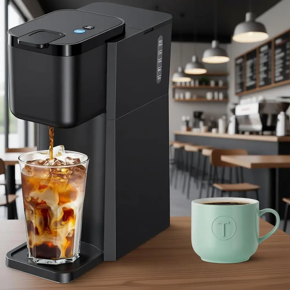 

Компактная кофеварка для одной порции — приготовление кофе из капсул K-Cup и молотого кофе, объем 6-14 унций, включает книгу рецептов, идеально подходит для дома и путешествий.