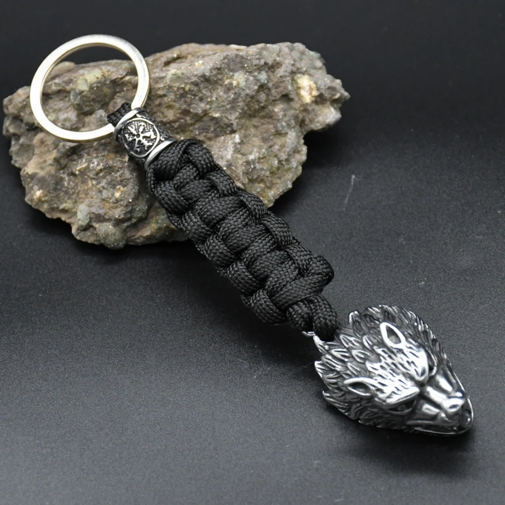 Viking Wolf Head Survival Rope Keychain Men\'s Stainless Steel Pendant Paracord Keyring Handmade Norse Pirates Rune Amulet Jewelr