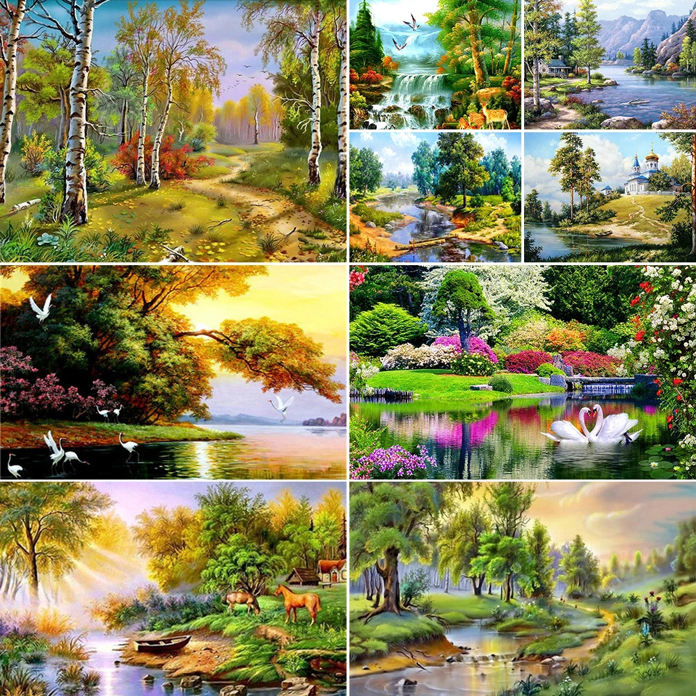 Meian Landscape Green Tree Cross-Stitch Complete Kit DIY Embroidery Set Painting Handiwork Needlework Craft Jewelry Home Decor