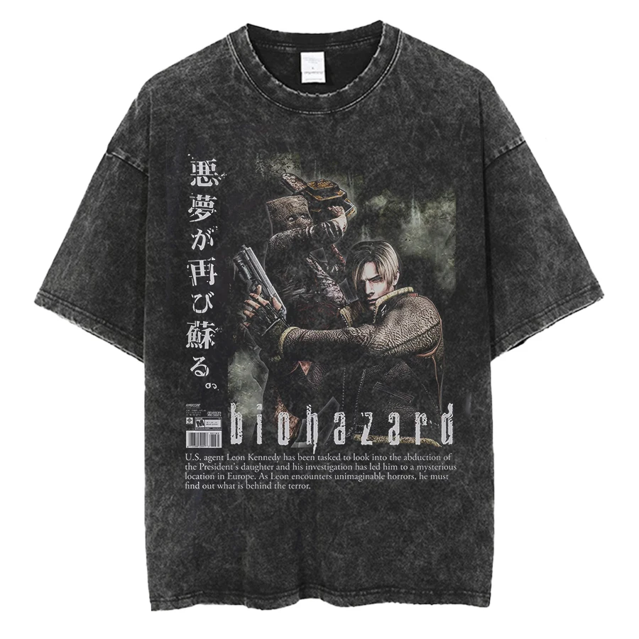 1990S Resident Evil Biohazard Leon Kennedy Oversized T shirt 100% Cotton Vintage Washed T-shirt for men women