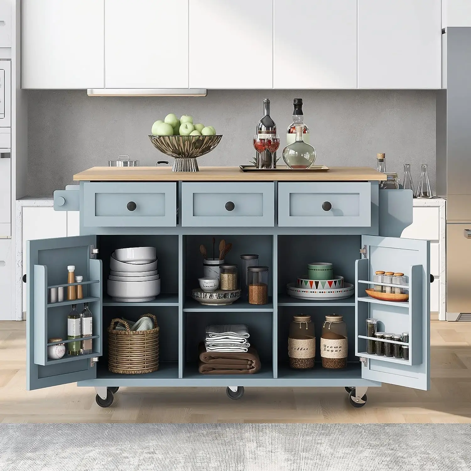 Kitchen Cart with Rubber Wood Drop-Leaf ,Kitchen Island on 5 Wheels with Storage Cabinet and 6 Drawers for Dinning