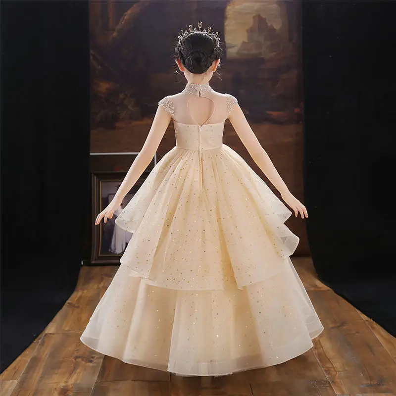 Champagne Evening Dress for Girls Sequin Lace Kids Elegant Gowns Teen Birthday Party Dress Graduation Performance Party Costume