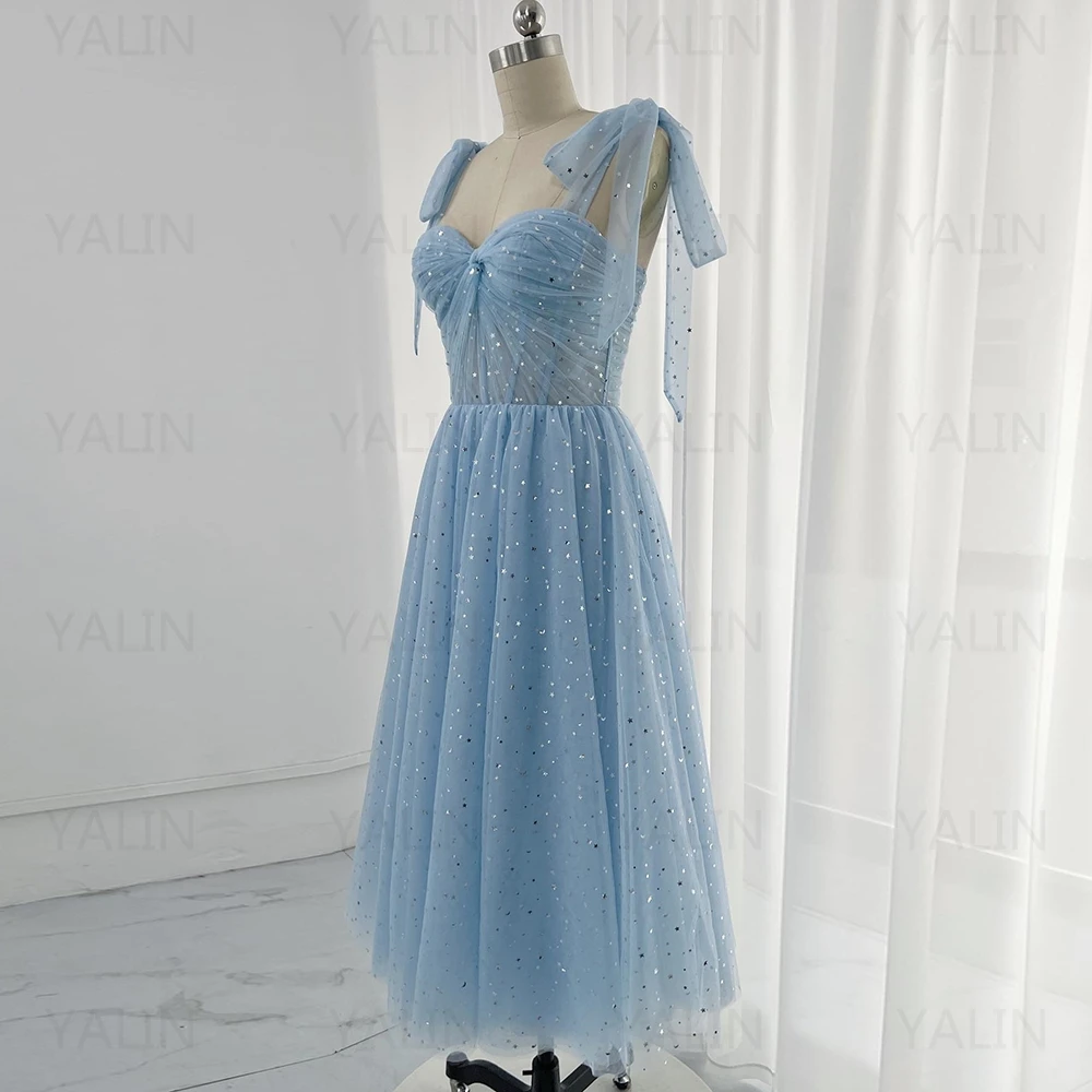 

Customized Sweetheart Prom Gown A-Line Glitter Sequined Pleat Tulle Spaghetti Strap Blue Backless Eevning Dresses See-Through Pa