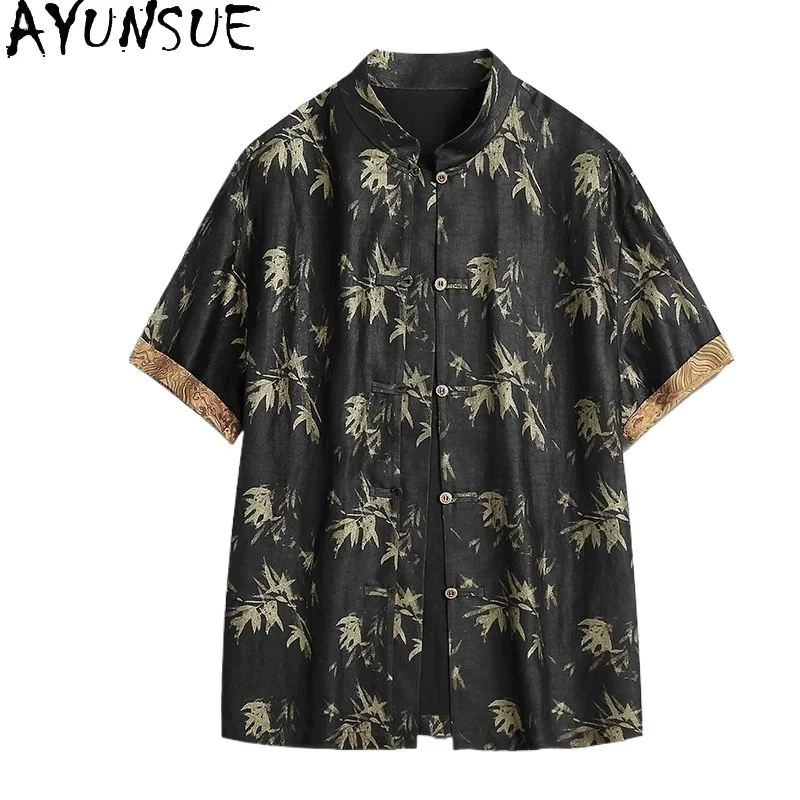AYUNSUE Luxury Watered Gauze Short Sleeve Shirts Man Summer 100% Real Mulberry Silk Shirt for Men Printed Top Casual Shirt 2026
