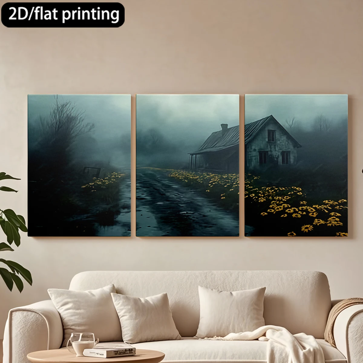 

Декоративная картина на холсте в деревянной раме, 3 шт., изображающая заброшенный дом, туман, желтые цветы. Декор для коридора, гостиной.