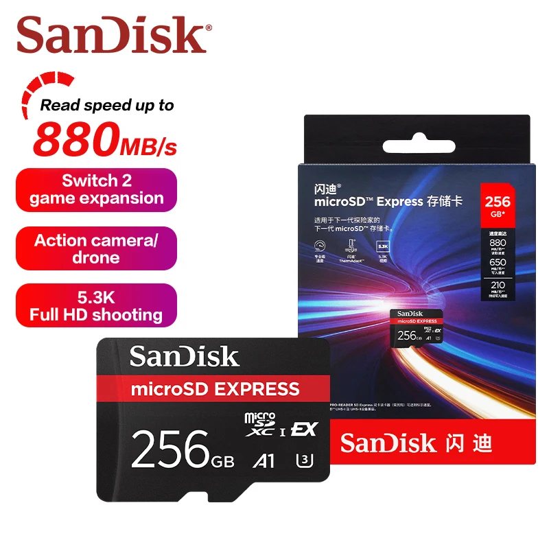 SanDisk microSD Express Memory Card High Speed 256GB A1 U3 Up to 880MB/s for Nintendo Switch 2 Smartphone Drone 100% Original