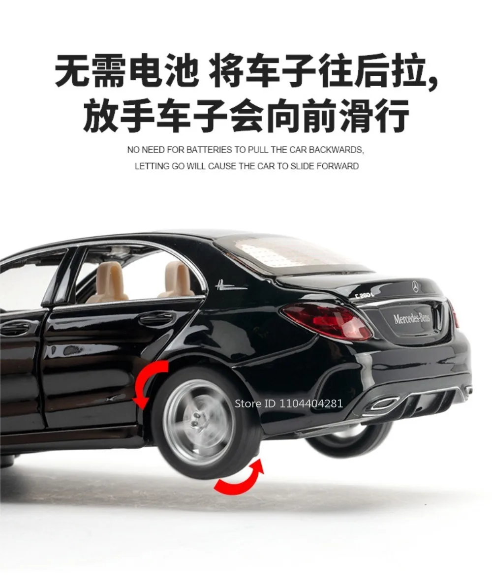 1:32 C260L E300L Legierungsdruckguss-Modell, Spielzeugauto, 6 Türen, geöffnet, Ton, Licht, zurückziehbare Gummireifen, Miniaturfahrzeug für Kinder – Detail 7