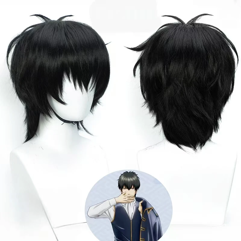 

Anime Gintama Hijikata Toshirou cosplay wig short black synthetic hair Heat Resistant Wig with Rose net Halloween Party wig