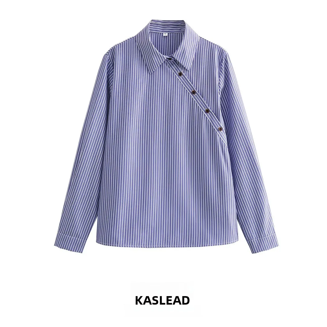 KASLEAD New Women's Loose Shirt Shoulder Bared Diagonal Button Striped Design Simple Style Long Sleeve Polyester Fiber Top