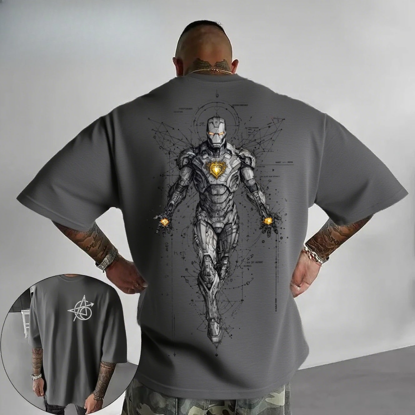 2026 New Cyberpunk Iron Man Tech Line Art Back Print T Shirt Men Summer Cotton Short Sleeve O Neck Oversized White Casual Tops view 5