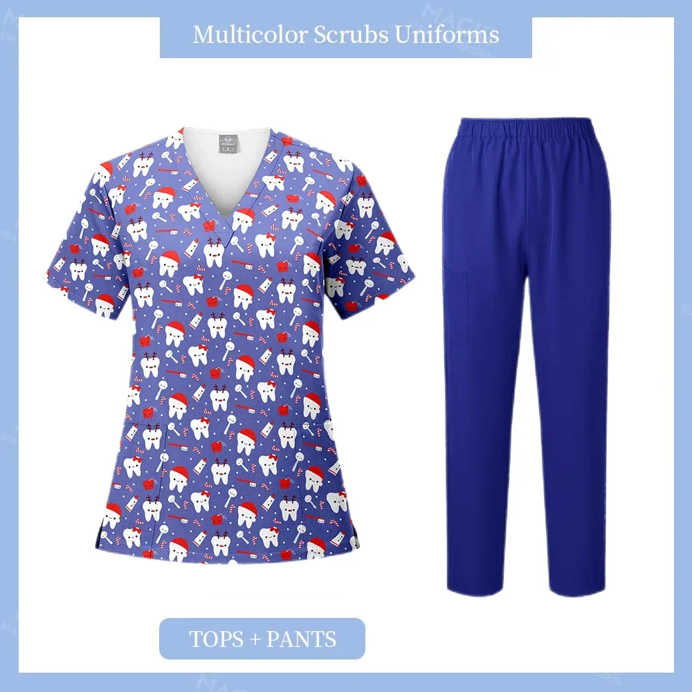 Scrub elastico Top Uniformi mediche Scrub stampato Top Donna Bellezza Spa Uniforme Infermieristica medica Abiti da lavoro Dottore Infermiera Scrub