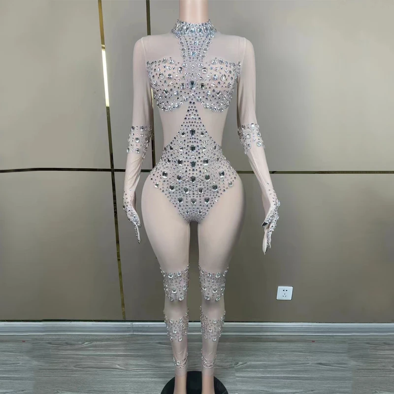 Vrouwen Party Strass Jumpsuit Handschoenen Kanten Jas Sexy Perspectief Gogo Dance Wear Nachtclub Ds Dj Drag Queen Kostuum XS7346