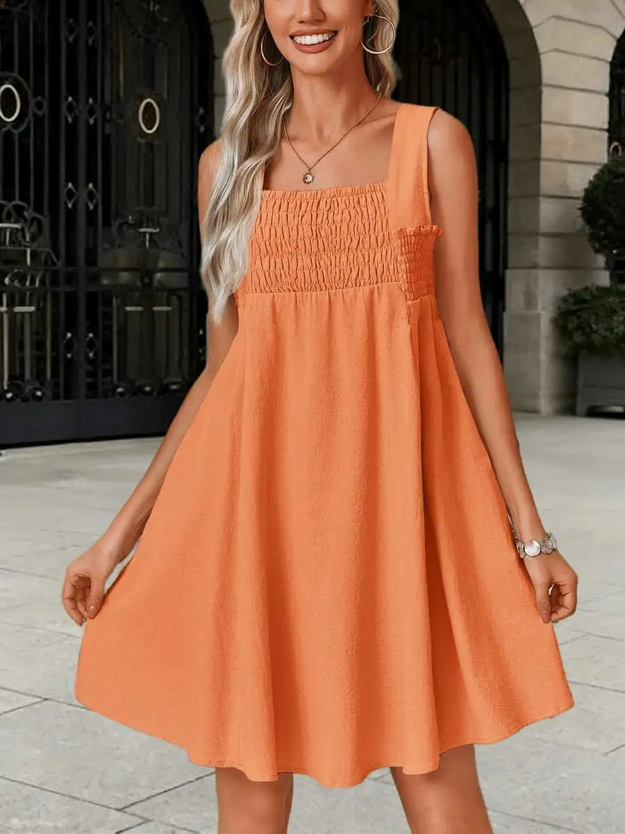 

Women Summer Sleeveless Square Neck Smocked Swing Mini Dress