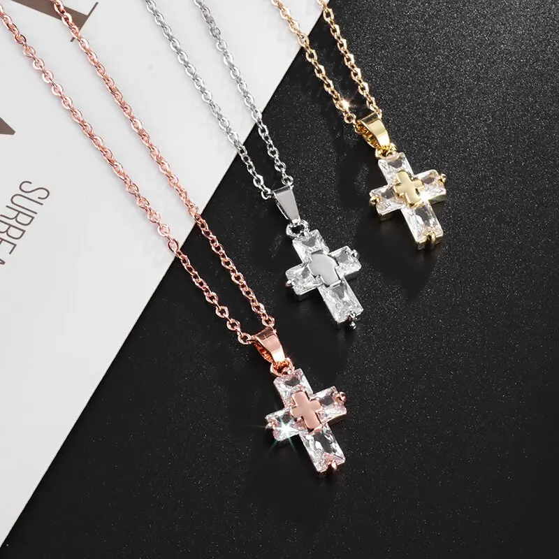 Exquisite Crystal Cross Pendant Necklace Women\'s Small Pendant Elegant Banquet Wedding Wear Religious Prayer Lucky Amulet Gift