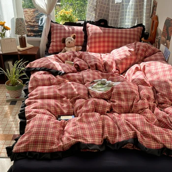 Plaid Double-Yarn Vintage Bedding Set with Duvet Cover & Pillowcases 1