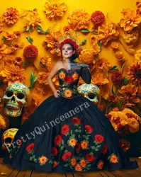 Western Charro Quinceanera Dress Long Train Satin Red Rose Flowers Mexican Themed Vestidos de Quinceañera for Quince Party