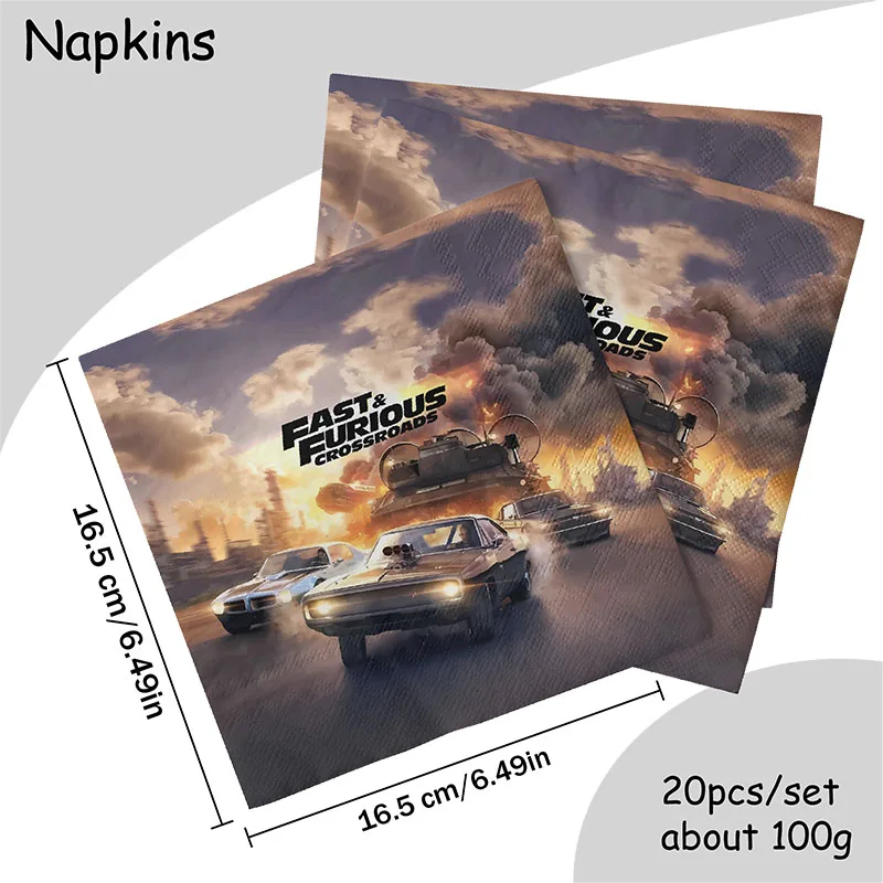 ワイルド・スピードのテーマパッケージ 21 個 - ナプキン 20 個 & テーブルクロス 1 個 子供の誕生日用 環境に優しいパーティー装飾用品
