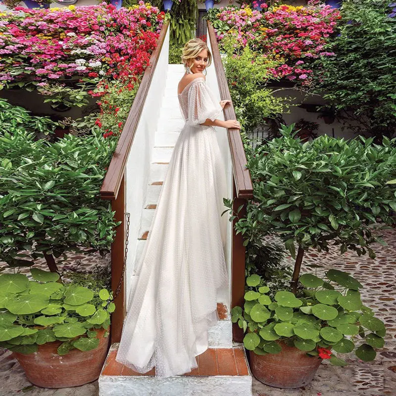 VENSANAC Boho mezza manica a sbuffo una linea abito da sposa illusione profondo scollo a V puntini Sweep Train abito da sposa