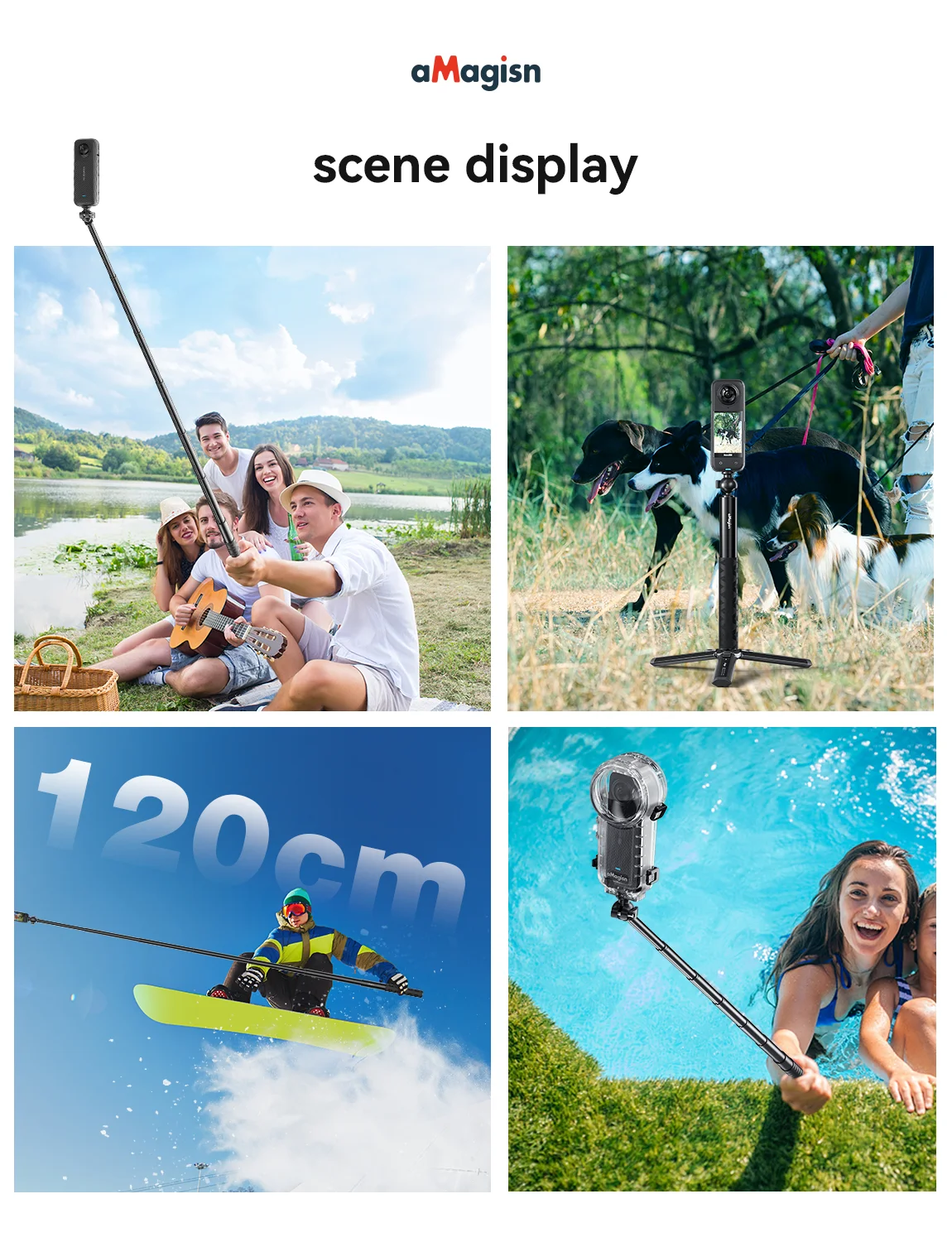aMagisn Wysuwany kijek do selfie 70 cm 120 cm z głowicą kulową 360° do Insta360 Ace Pro 2 X5 X4 Air  Gopro Hero 13 12  DJI Action 5 pro — zdjęcie produktu 6