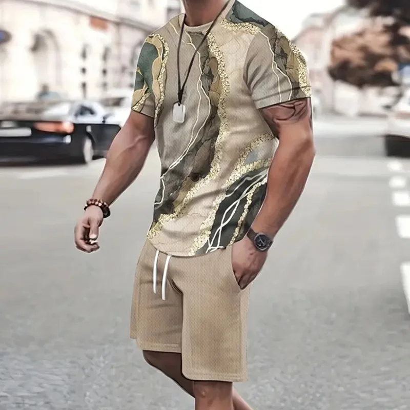 Fashion Men\'s Sportswear Short Sleeve T Shirt +Sports Shorts 2pcs set Summer Casual Vintage Patchwork Suit Men Two Piece Suit