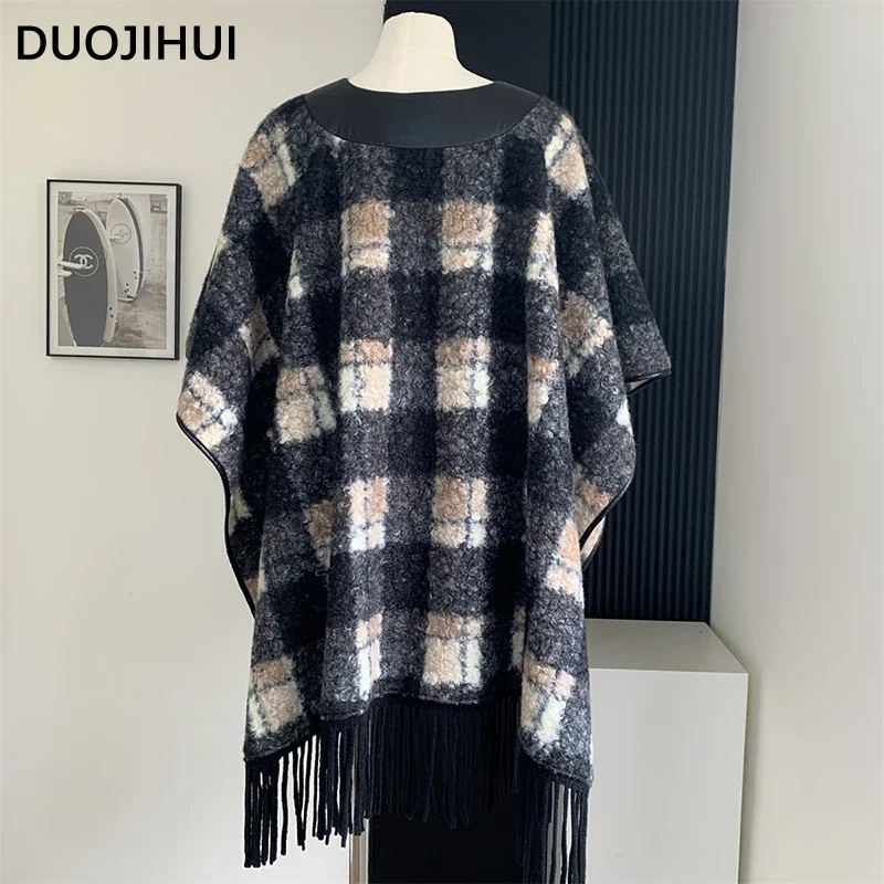 Duojihui klassische Kontrast farbe Mode lose Frauen Umhänge Winter neue vvintage Basic Plaid Chic Quasten einfache weiche weibliche Umhänge