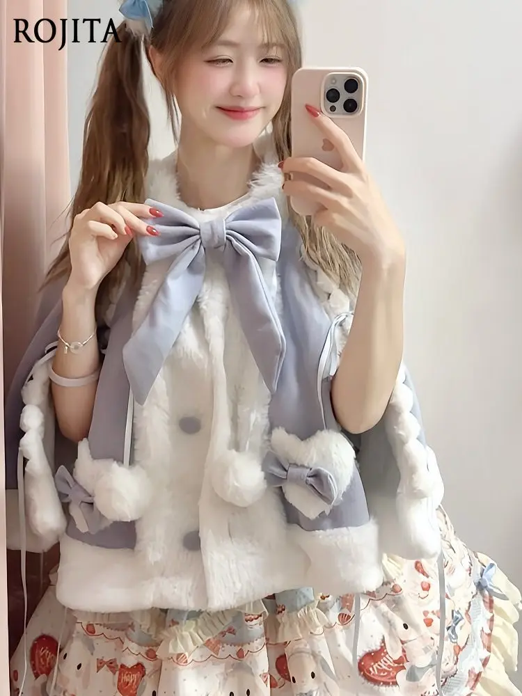 

Original Lolita Cape Winter Versatile Cape Coat Shawl Blue Sweet Lolita Cape with Hood Faux Fur Trim Bow Decor