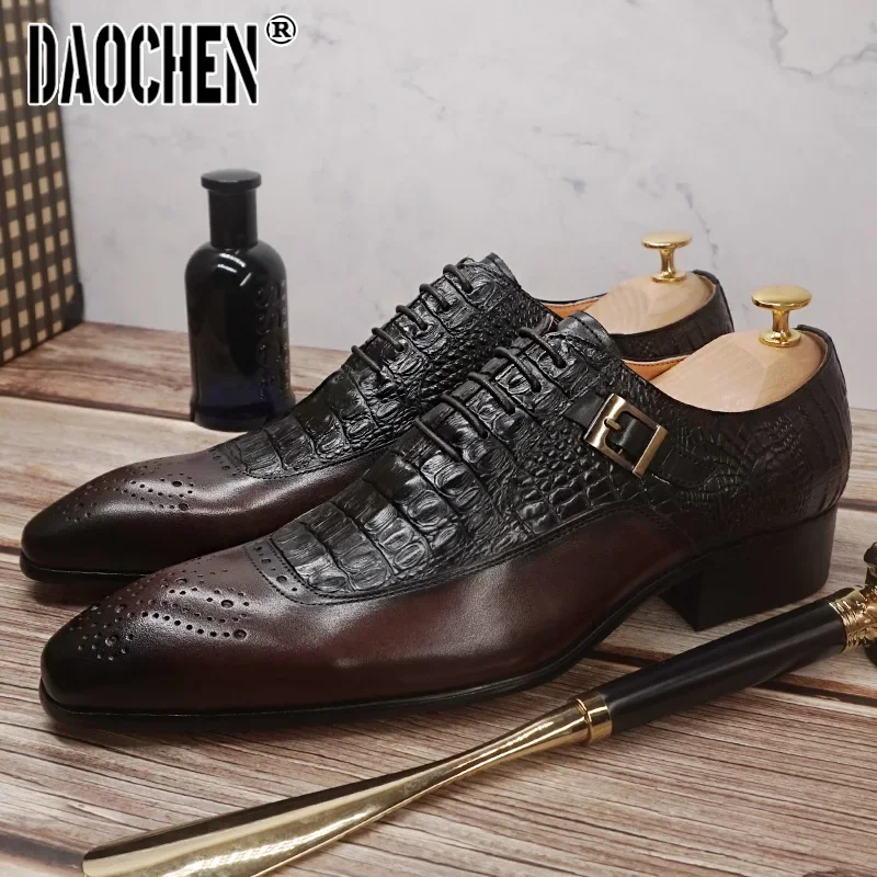 Luxury Brand Men Oxford Shoes Lace up Pointed Toe Brown Black Classic Men Dress Shoes Crocodile Print Leather Shoes Men