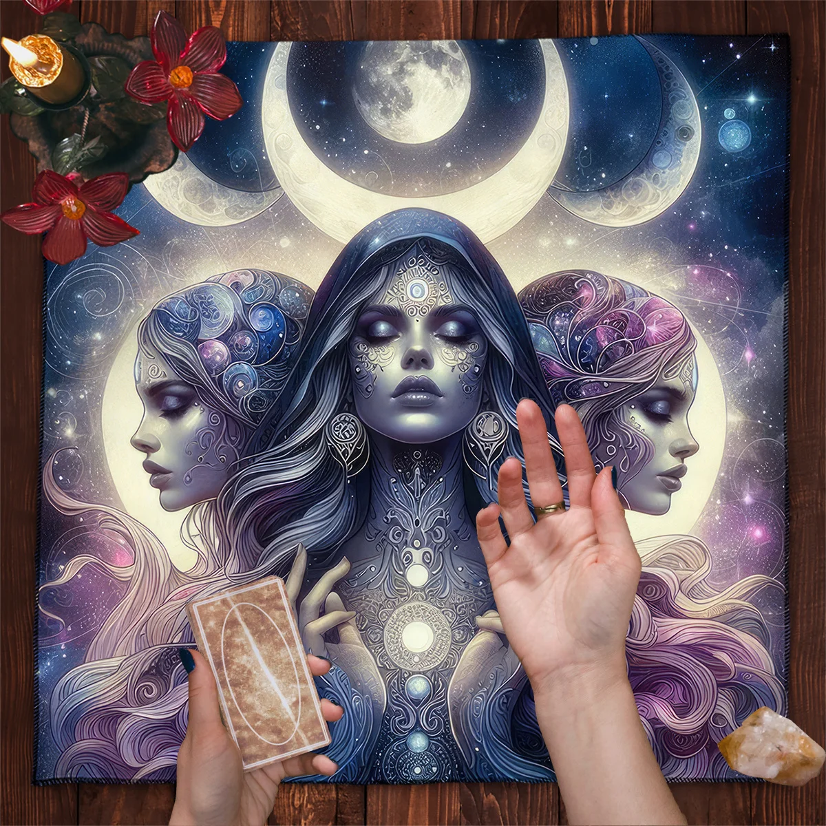 Mystic Tarot Tablecloth Celestial Moon Goddess Witchy Astrology Tapestry Boho Decor for Occult Wicca Bohemian Style