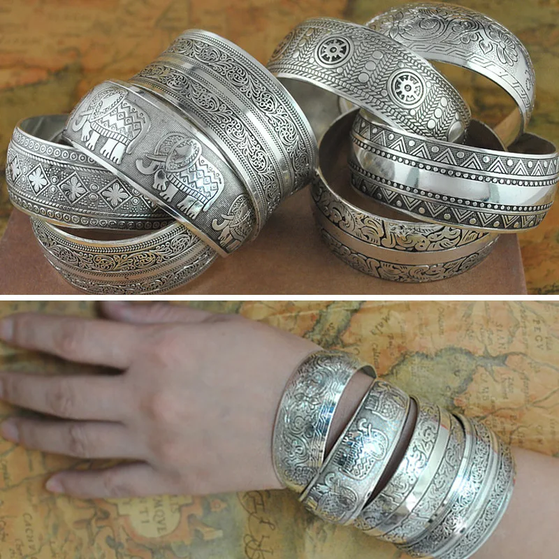 Meetvii New Retro Cuff Bracelets Tibetan Silver Metal Carving Sea Turtle Lotus Elephant Flower Bangles Vintage Gypsy Jewelry image 2