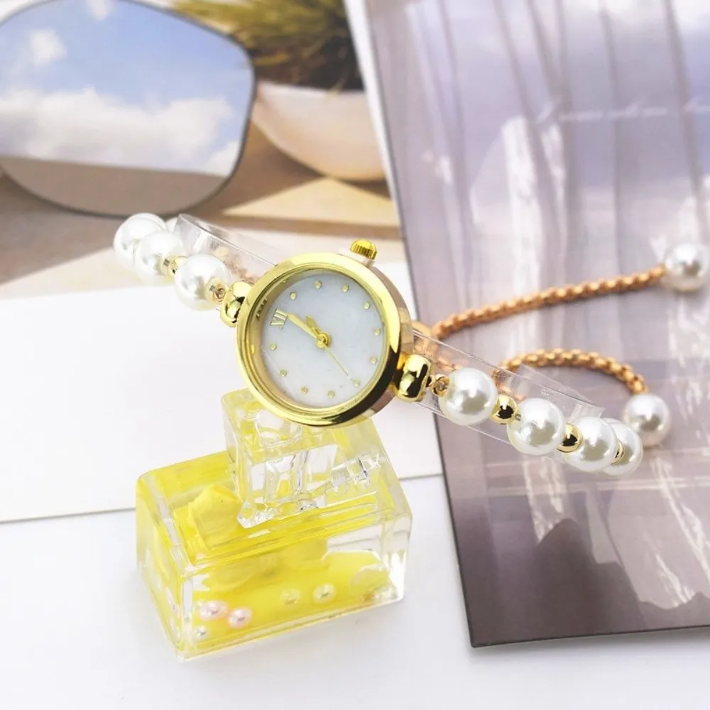 Round Dial Pearl Bracelet Watch Elegant Adjustable Drawstring Chain Women Quartz Watch Roman Numeral Delicate Small Dial Watch