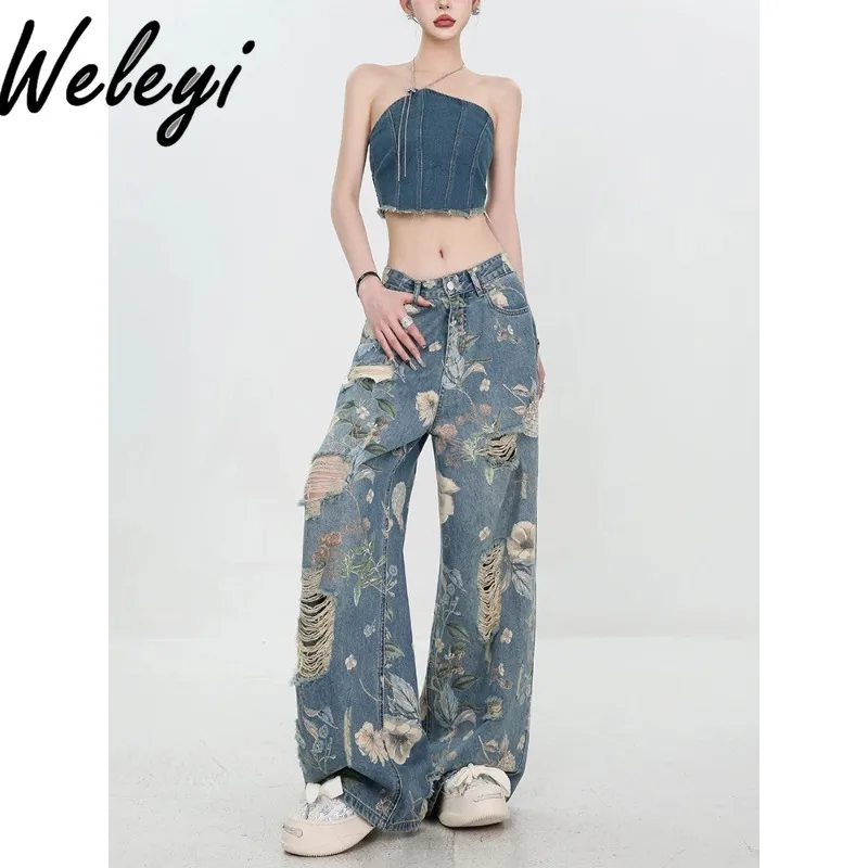 

American Retro Printed Ripped Jeans for Women 2024 Summer New Original Loose Women's Straight Mop Wide Leg Denim Pants Casual