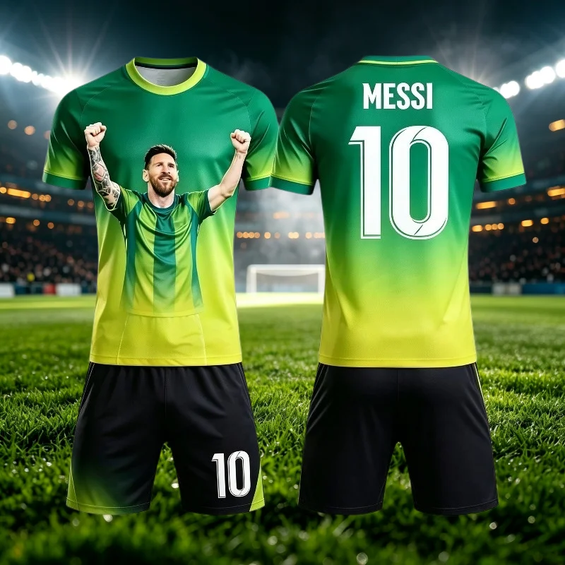 Summer Messi # 10 Football Jersey Fan Special Edition Men Women T-shirt and Shorts Set Quick Drying  Sports Set Family Kids Tees