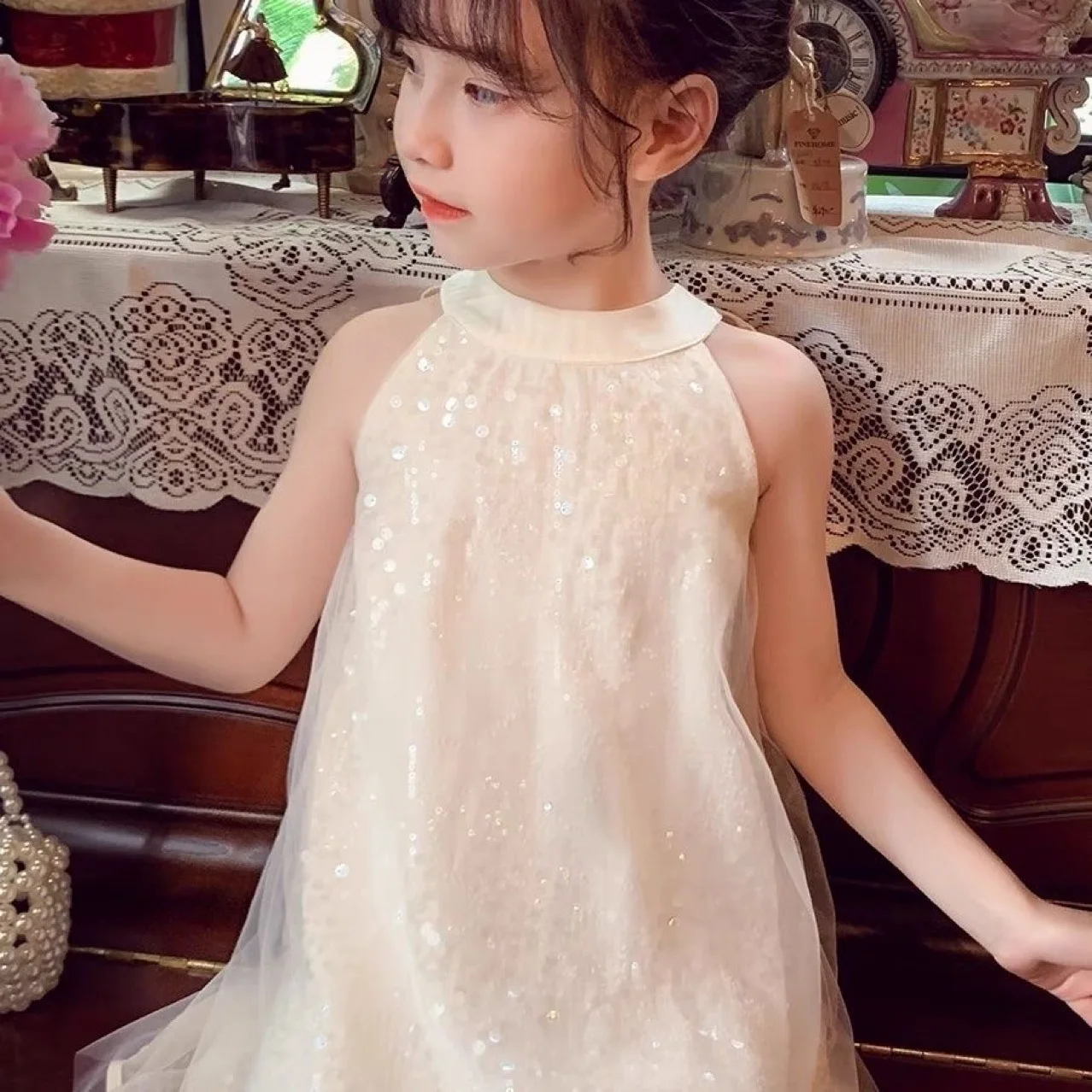 Children Princess Dresses Girls Sequin Bow Dress Kids Baptism Birthday Gown Baby Christening Sleeveless Tutu Dress 2-10 Years