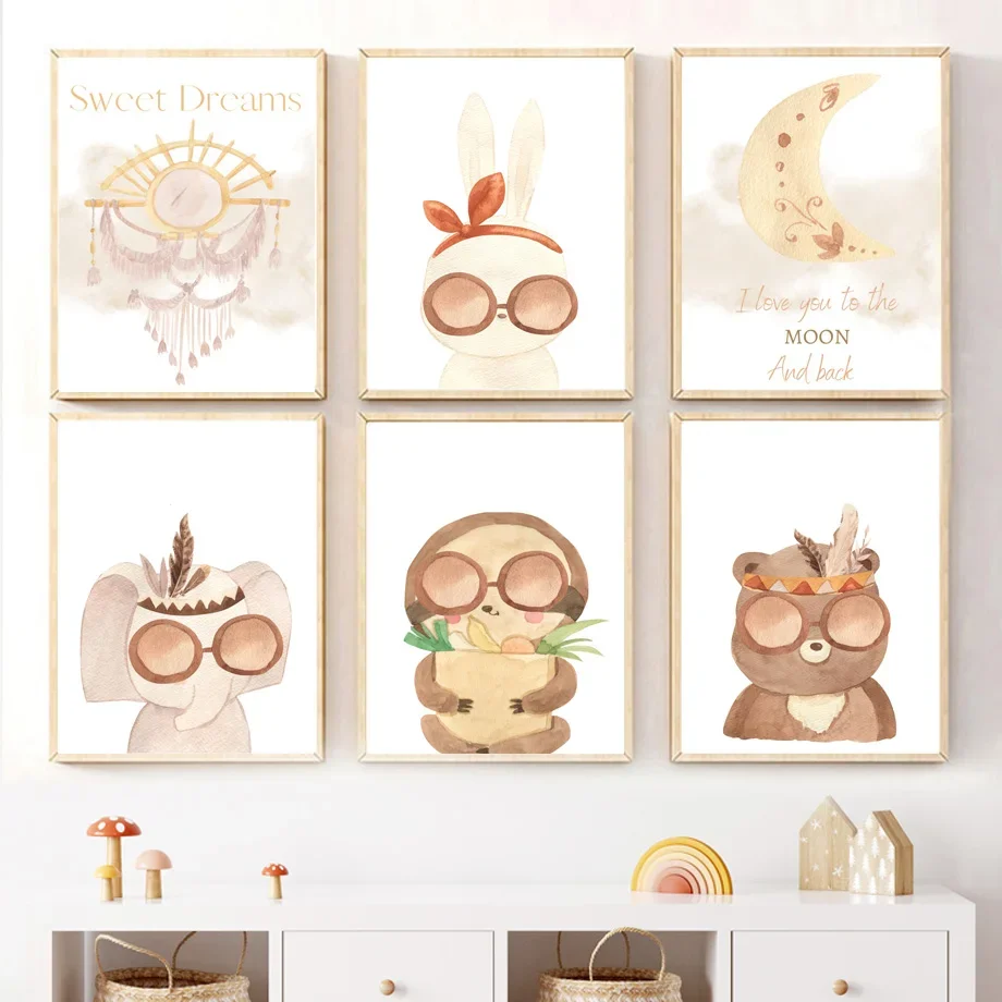 

Cartoon Cute Bunny Lion Elephant Bear Raccoon Moon Wall Art Canvas Painting Posters And Prints Wall Pictures Boy Kids Room Decor