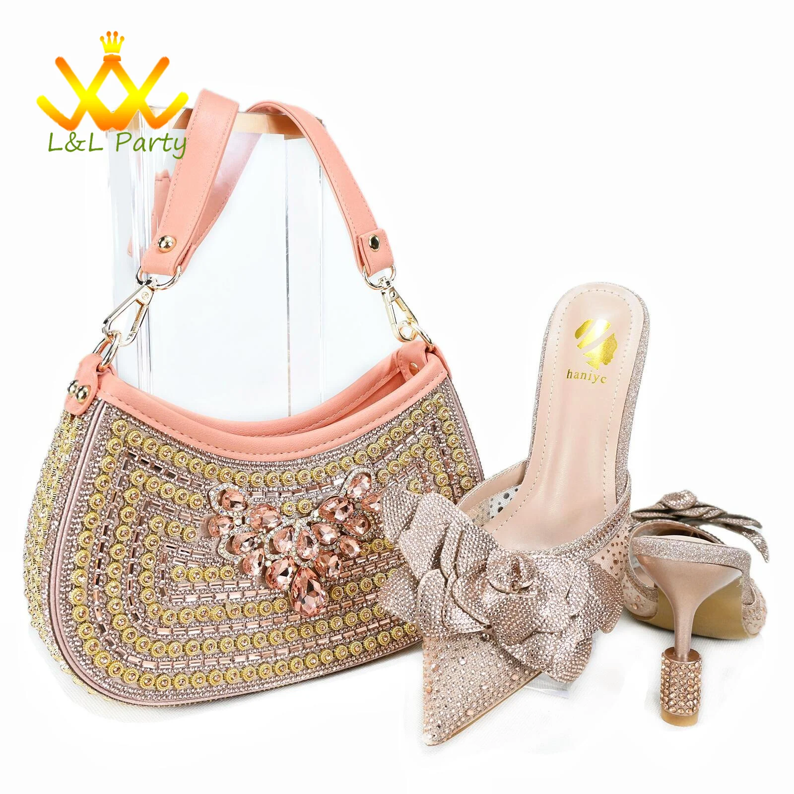 

Summer Autumn New Arrivals Italian Design Women Shoes and Bag to Match in Peach Color High Quality Slipper with Pointed Toe