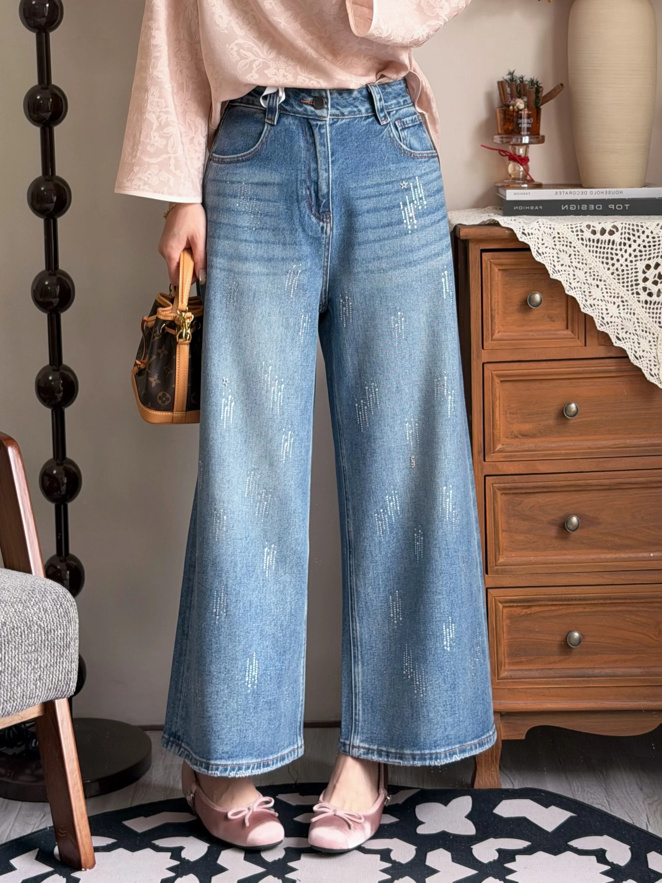 

Retro Washed Glittery Star Denim Jeans Women's High Waist Slimming 9 Wide Leg Pants Spring Fashion Ladies Cotton Jeans