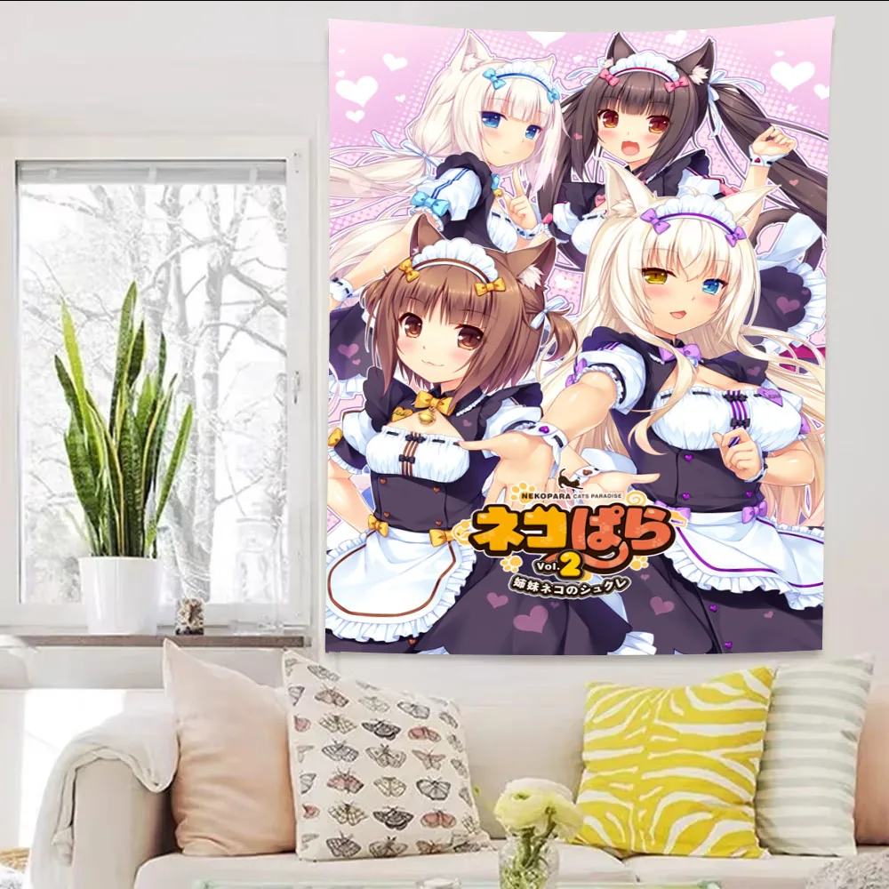 New Cute Anime Nekopara JK Maid Girl Cartoon Tapestry Ins Style Aesthetic Wall Hanging For Girls Bedroom Decor
