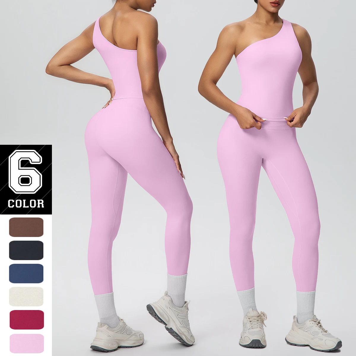 

2 Pieces Solid Color Naked Feel Single Shoulder Bra Sports Fitness Clothing Yoga Set Quick Drying High Waisted Yoga Pants Set