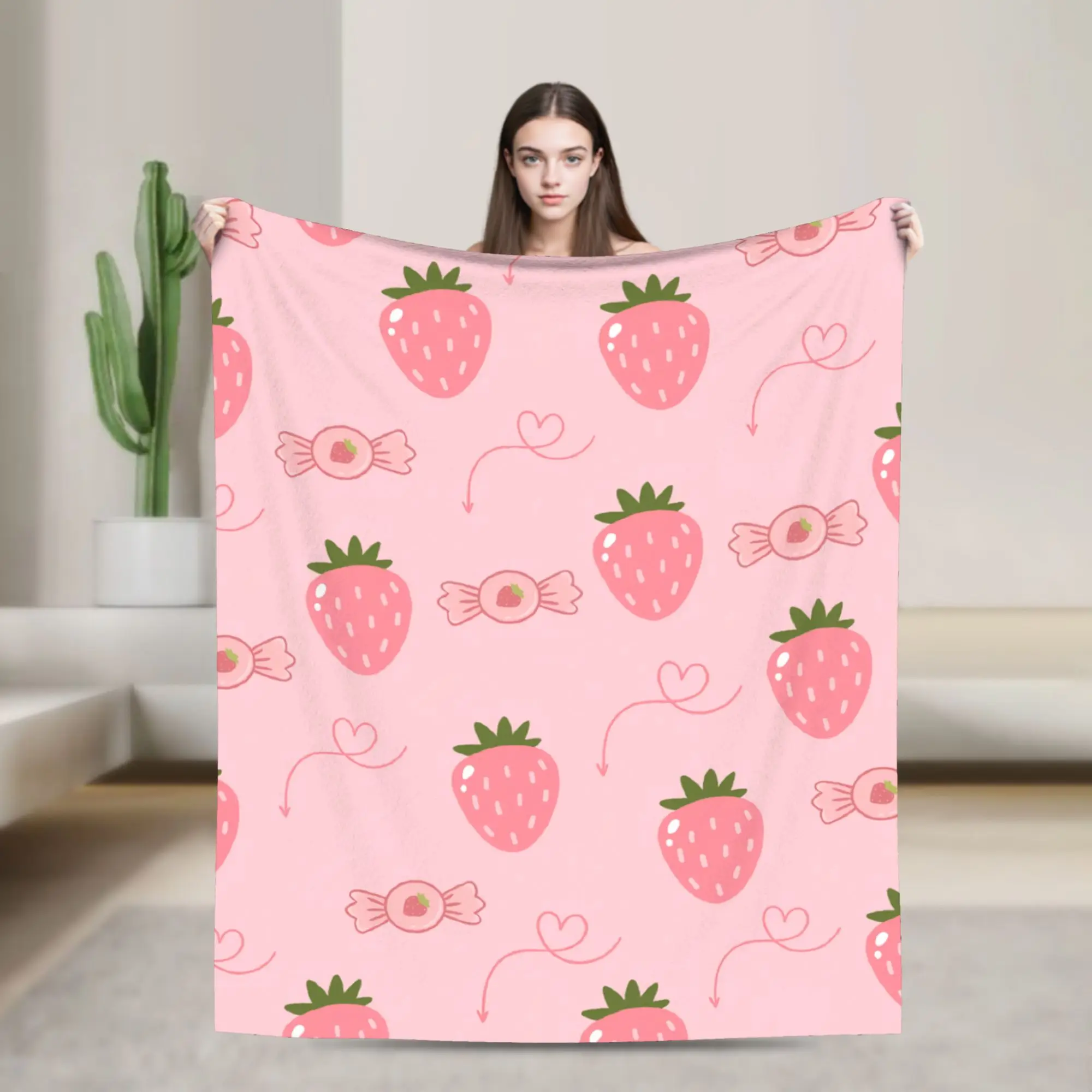 Strawberry Sweet Candy Pink Knitted Blankets   Wool Throw Blankets Summer Air Conditioning Decoration Lightweight Bedsprea