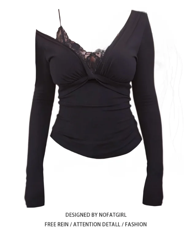 

Женская футболка больших размеров с длинным рукавом, кружевная, с узлом, в корейском стиле, облегающая, для повседневной носки, дизайн Pure Desire Sexy Girl