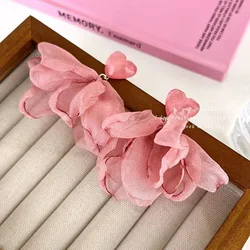 Sweet Mesh Fabric Flower Petal Love Heart Drop Earrings for Women Korean Temperament Versatile Summer Jewelry Party Gift