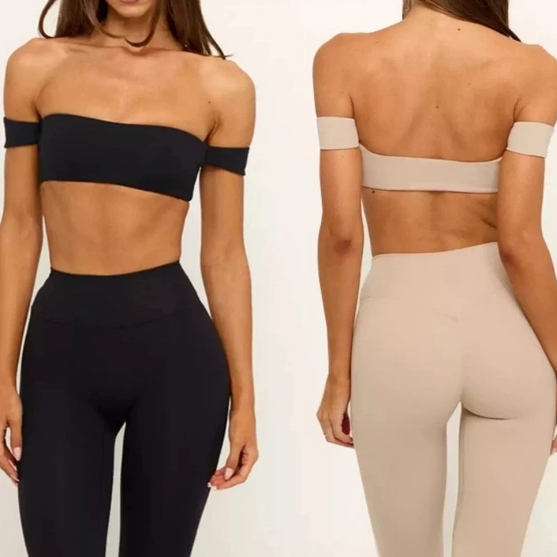C*B Women Off Shoulder Arm Sleeve Sports Bra High Waist 7/8 Capri Leggings Naked Feeling Yoga Pilates Matching Outfit