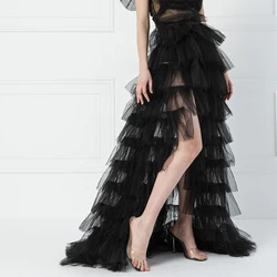 Women Long High Low Ruffles Tulle Skirt Solid Color Mesh Tied-Up Irregular Floor-Length Party Train Overskirt Cover Ups